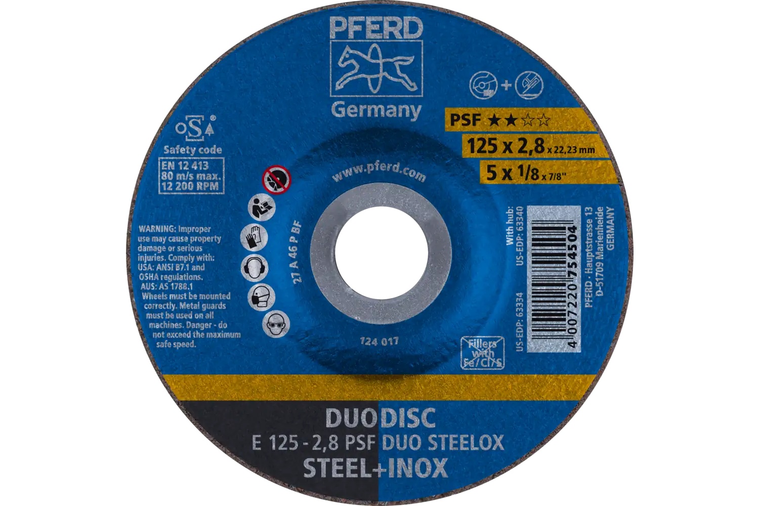 Picture of Pferd Combination Wheel, 5" X 1/8 X 7/8, Psf Duodisc Steelox, T27, Aluminum Oxide